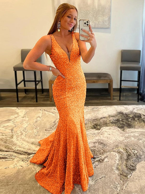 Sheath/Column Velvet Sequins Ruffles V-neck Sleeveless Sweep/Brush Train Prom Dress