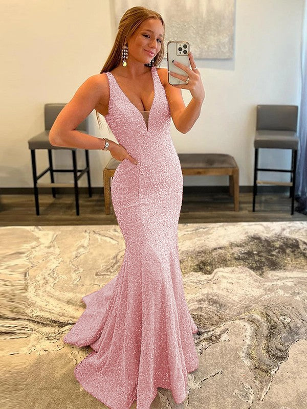 Sheath/Column Velvet Sequins Ruffles V-neck Sleeveless Sweep/Brush Train Prom Dress