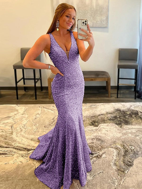 Sheath/Column Velvet Sequins Ruffles V-neck Sleeveless Sweep/Brush Train Prom Dress
