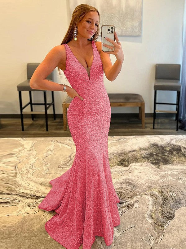 Sheath/Column Velvet Sequins Ruffles V-neck Sleeveless Sweep/Brush Train Prom Dress