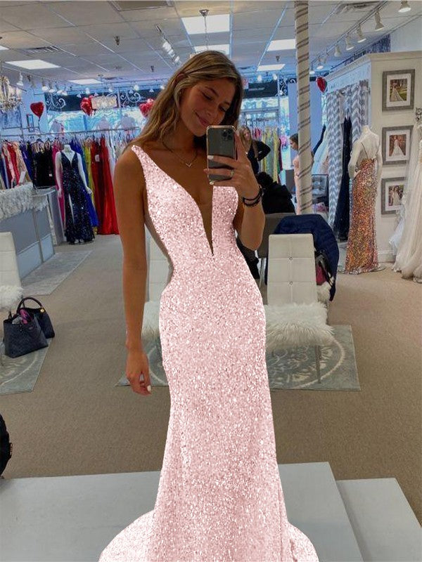 Sheath/Column Velvet Sequins V-neck Sleeveless Sweep/Brush Train Prom Dress
