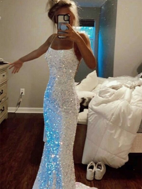 Sheath/Column Velvet Sequins Spaghetti Straps Sleeveless Sweep/Brush Train Prom Dress