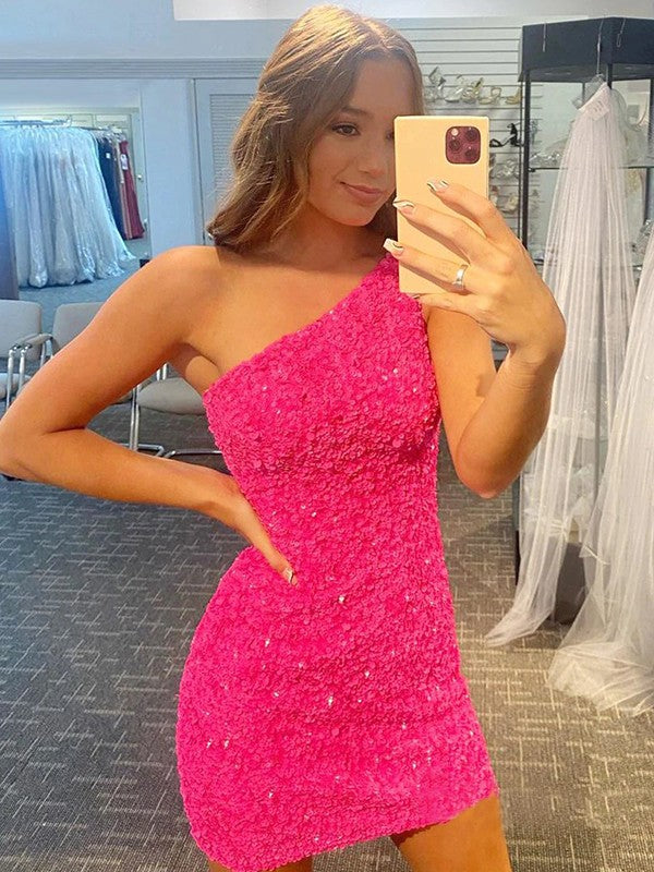 Confident Option Sheath Velvet Sequins One-Shoulder Sleeveless Short/Mini Prom Dress