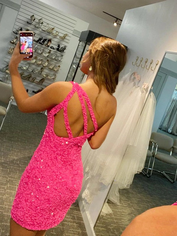 Confident Option Sheath Velvet Sequins One-Shoulder Sleeveless Short/Mini Prom Dress