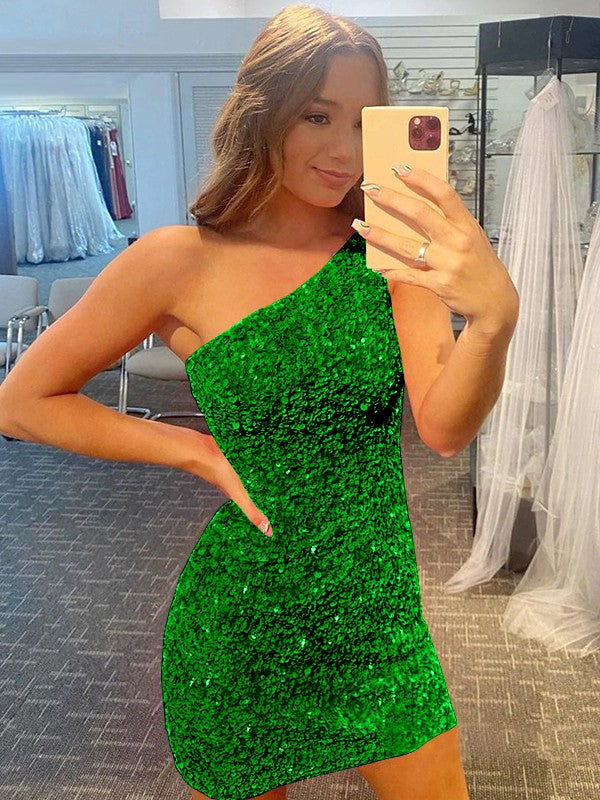 Confident Option Sheath Velvet Sequins One-Shoulder Sleeveless Short/Mini Prom Dress