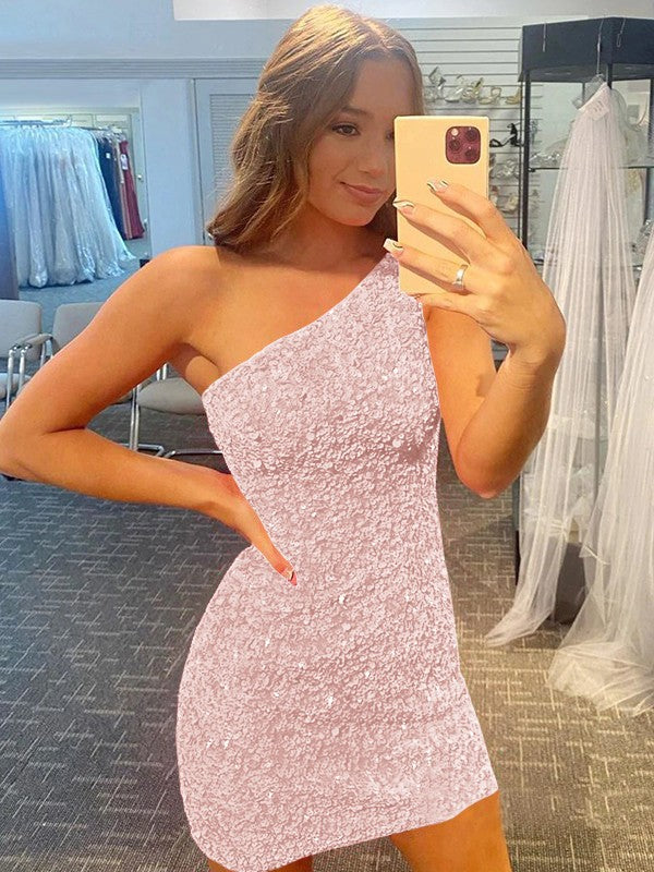 Confident Option Sheath Velvet Sequins One-Shoulder Sleeveless Short/Mini Prom Dress