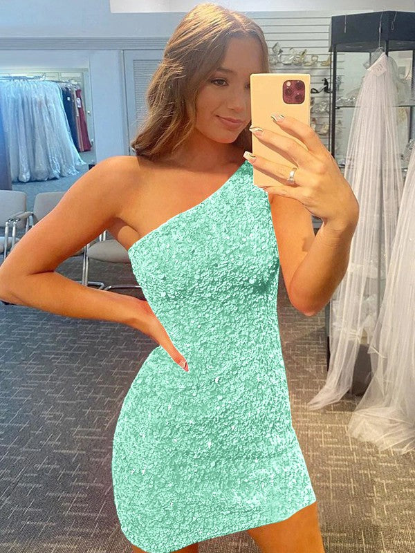Confident Option Sheath Velvet Sequins One-Shoulder Sleeveless Short/Mini Prom Dress