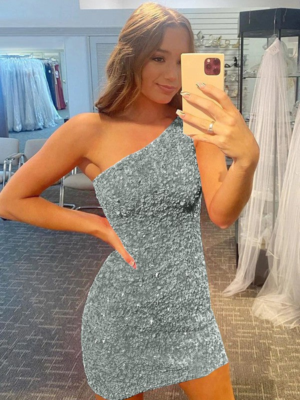 Confident Option Sheath Velvet Sequins One-Shoulder Sleeveless Short/Mini Prom Dress
