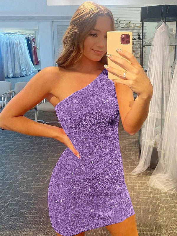 Confident Option Sheath Velvet Sequins One-Shoulder Sleeveless Short/Mini Prom Dress