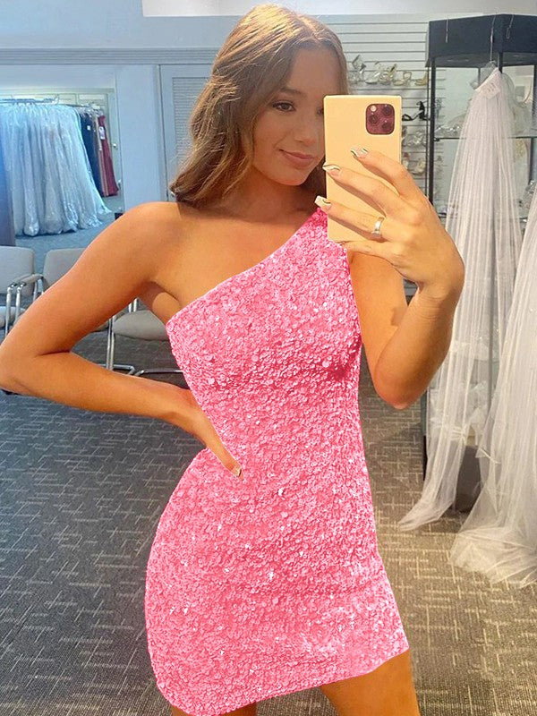 Confident Option Sheath Velvet Sequins One-Shoulder Sleeveless Short/Mini Prom Dress