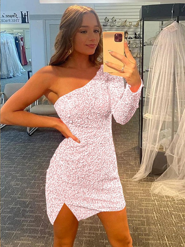 Pleased to be Me Sheath Style One-Shoulder Velvet Sequins Long Sleeves Short/Mini Prom Dress