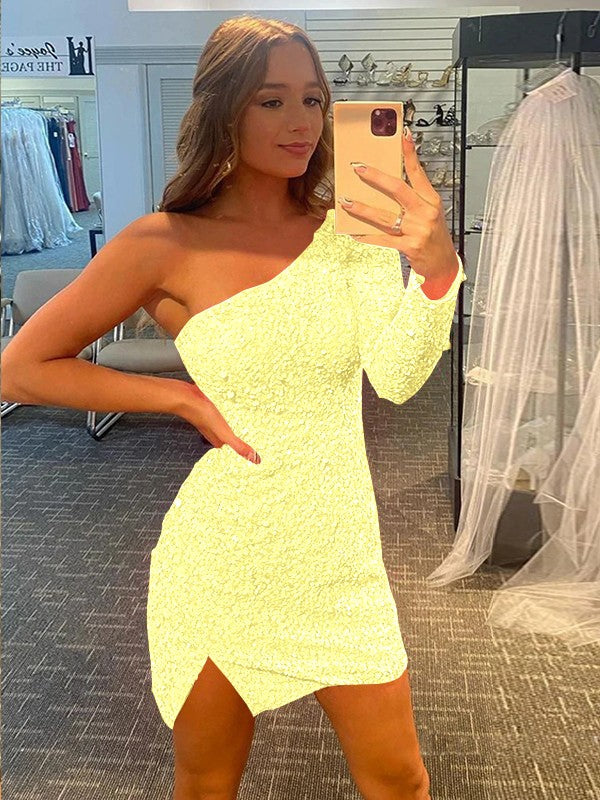 Pleased to be Me Sheath Style One-Shoulder Velvet Sequins Long Sleeves Short/Mini Prom Dress
