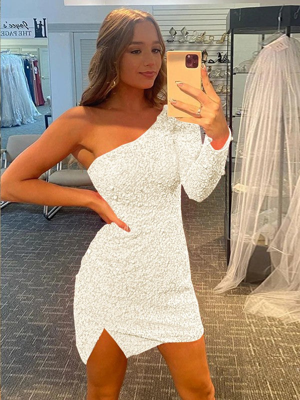 Pleased to be Me Sheath Style One-Shoulder Velvet Sequins Long Sleeves Short/Mini Prom Dress