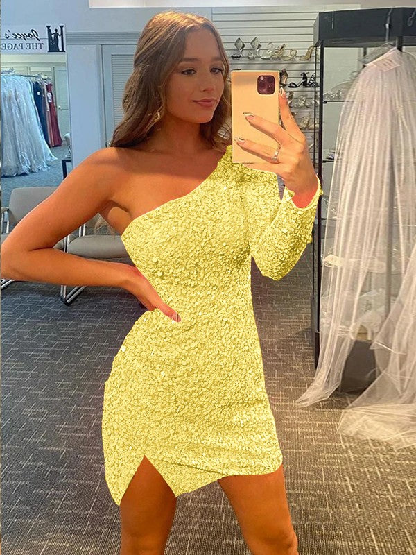 Pleased to be Me Sheath Style One-Shoulder Velvet Sequins Long Sleeves Short/Mini Prom Dress