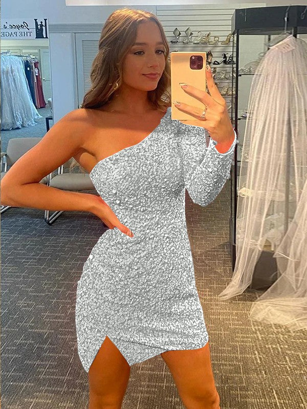 Pleased to be Me Sheath Style One-Shoulder Velvet Sequins Long Sleeves Short/Mini Prom Dress