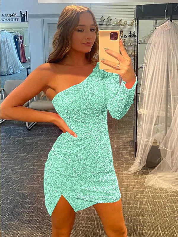 Pleased to be Me Sheath Style One-Shoulder Velvet Sequins Long Sleeves Short/Mini Prom Dress