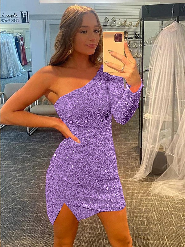 Pleased to be Me Sheath Style One-Shoulder Velvet Sequins Long Sleeves Short/Mini Prom Dress