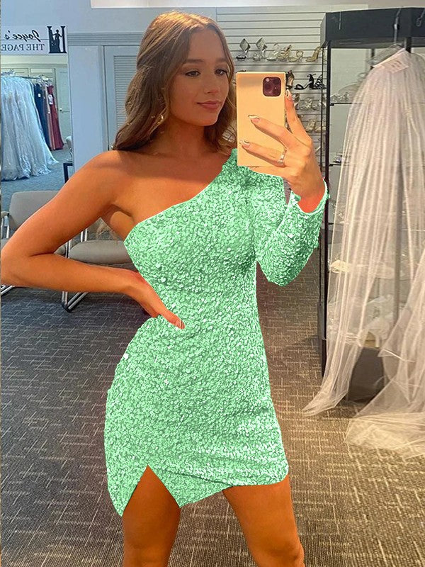 Pleased to be Me Sheath Style One-Shoulder Velvet Sequins Long Sleeves Short/Mini Prom Dress