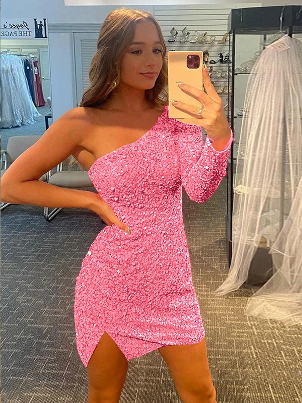 Pleased to be Me Sheath Style One-Shoulder Velvet Sequins Long Sleeves Short/Mini Prom Dress