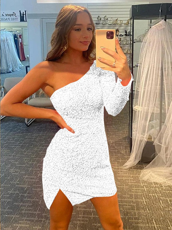 Pleased to be Me Sheath Style One-Shoulder Velvet Sequins Long Sleeves Short/Mini Prom Dress