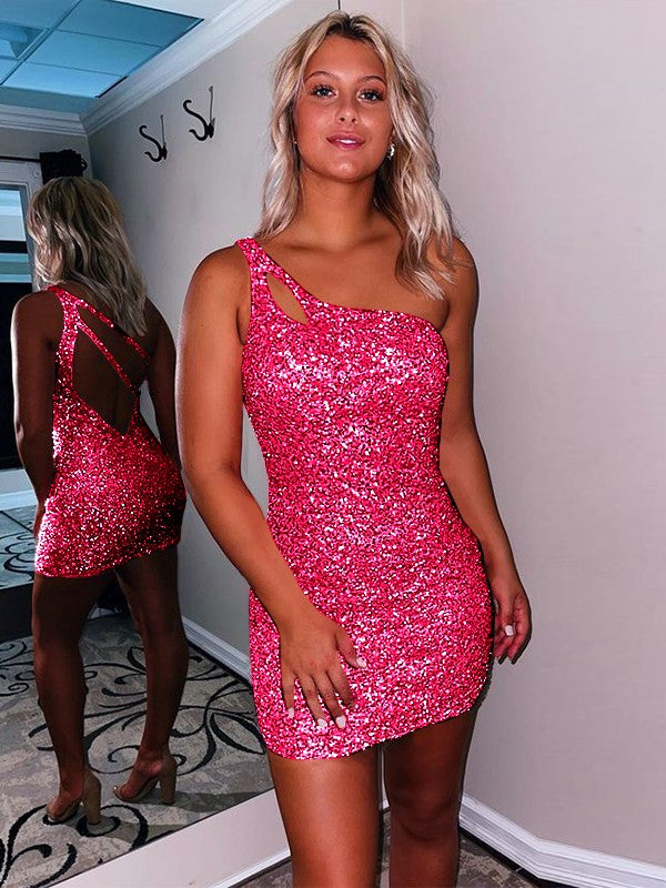Sweet Sensation Velvet Sequins Sheath Style One-Shoulder Sleeveless Short/Mini Homecoming Dress