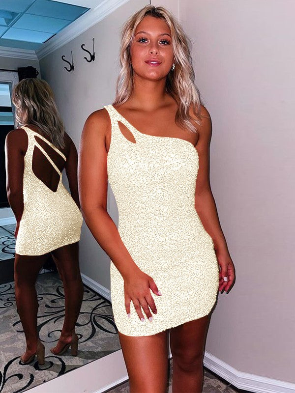 Sweet Sensation Velvet Sequins Sheath Style One-Shoulder Sleeveless Short/Mini Homecoming Dress