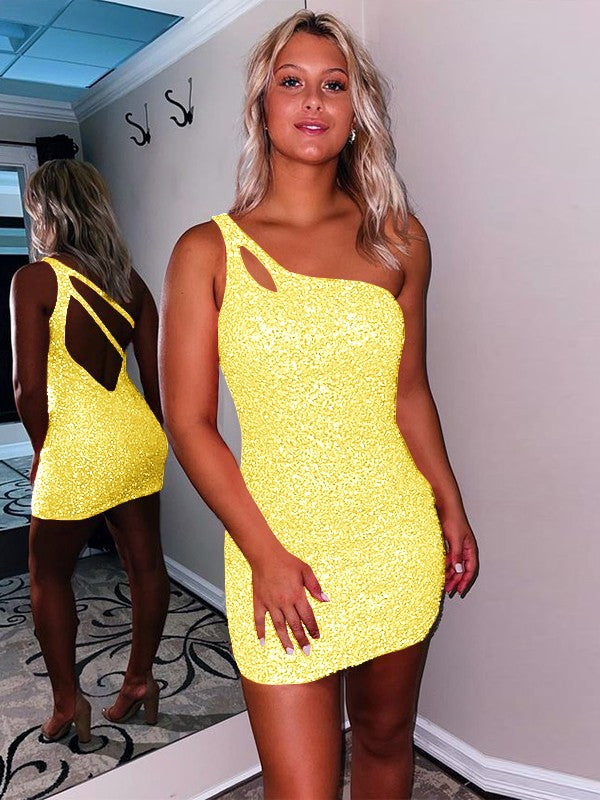 Sweet Sensation Velvet Sequins Sheath Style One-Shoulder Sleeveless Short/Mini Homecoming Dress