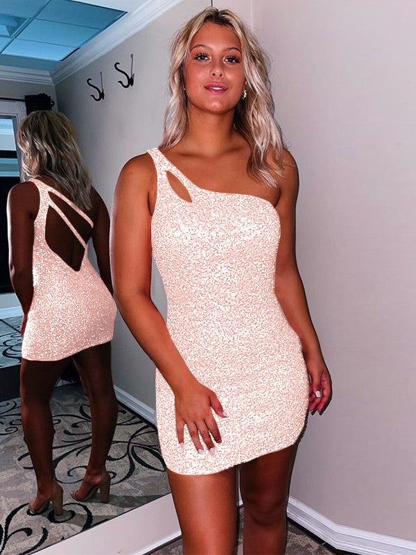 Sweet Sensation Velvet Sequins Sheath Style One-Shoulder Sleeveless Short/Mini Homecoming Dress