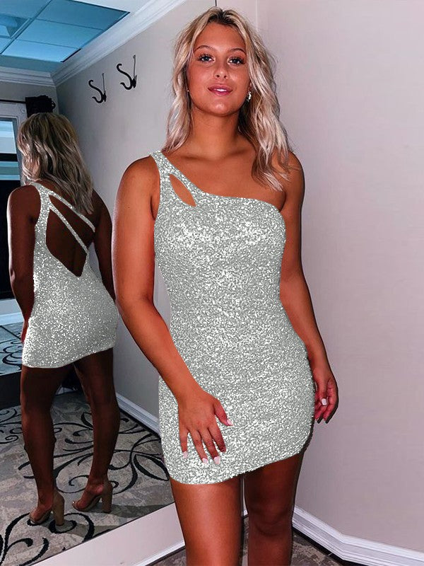 Sweet Sensation Velvet Sequins Sheath Style One-Shoulder Sleeveless Short/Mini Homecoming Dress
