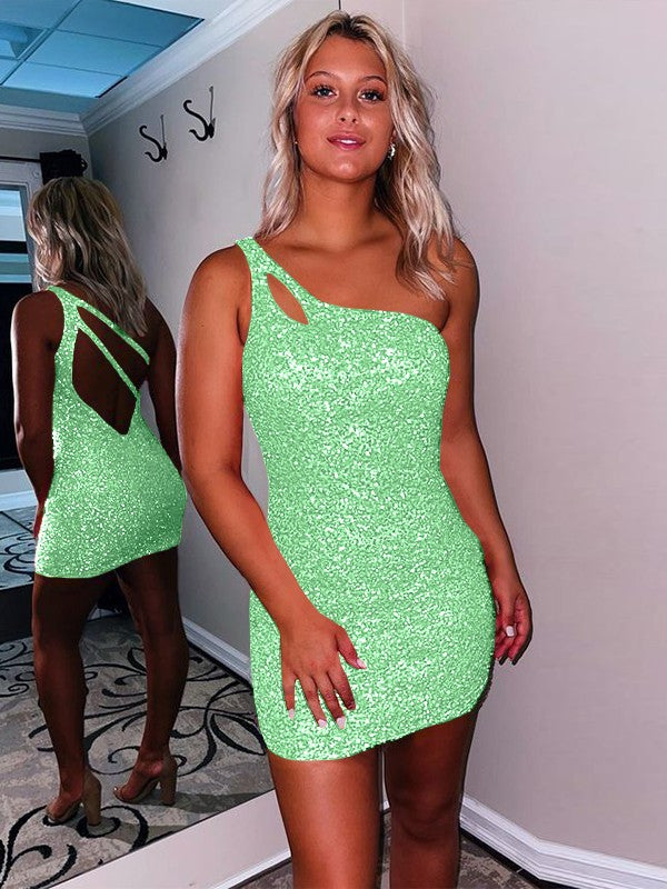 Sweet Sensation Velvet Sequins Sheath Style One-Shoulder Sleeveless Short/Mini Homecoming Dress
