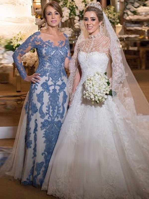 Sheath/Column Tulle Lace Scoop Long Sleeves Sweep/Brush Train Mother of the Bride Dress