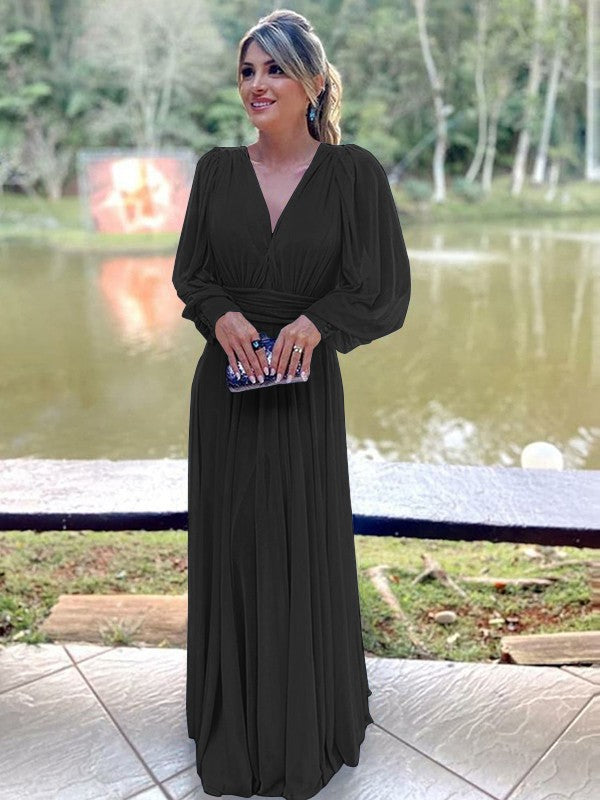 A-Line/Princess Chiffon Ruffles V-neck Long Sleeves Floor-Length Mother of the Bride Dress