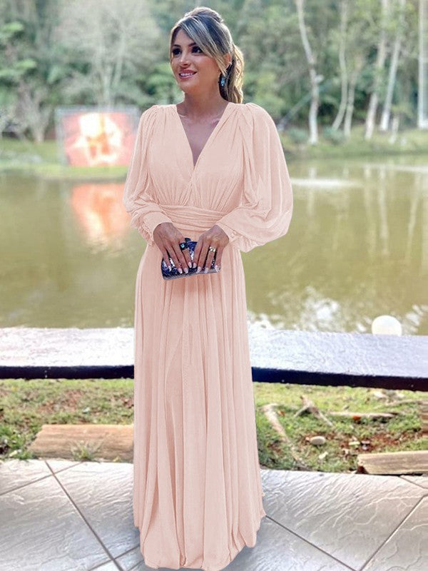 A-Line/Princess Chiffon Ruffles V-neck Long Sleeves Floor-Length Mother of the Bride Dress