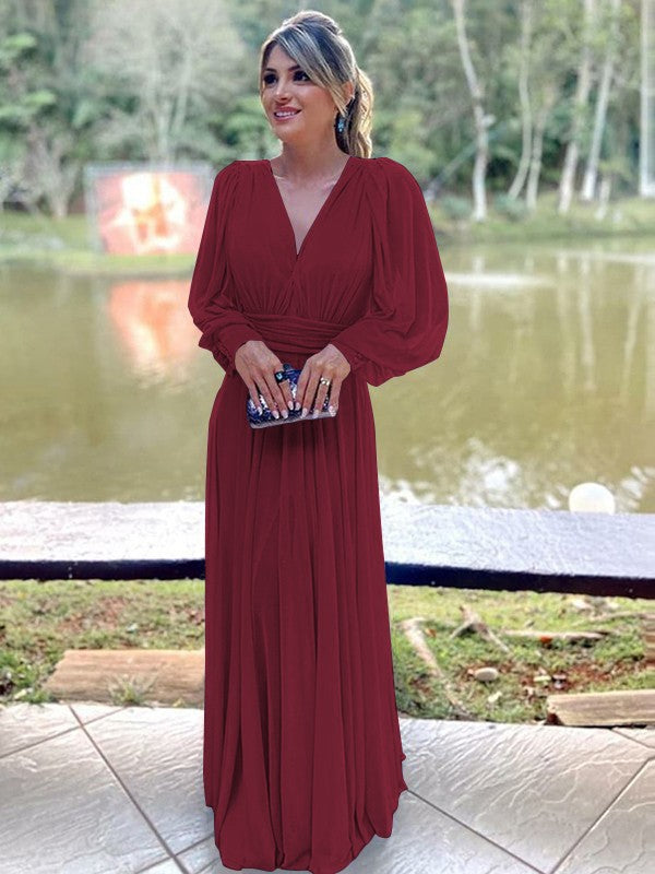 A-Line/Princess Chiffon Ruffles V-neck Long Sleeves Floor-Length Mother of the Bride Dress