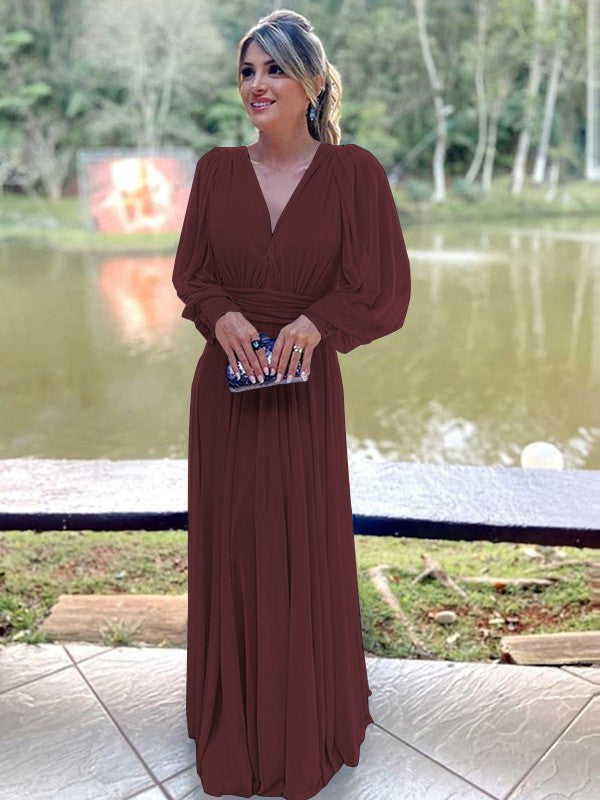 A-Line/Princess Chiffon Ruffles V-neck Long Sleeves Floor-Length Mother of the Bride Dress