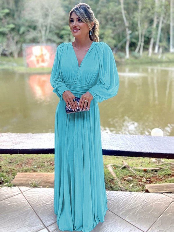 A-Line/Princess Chiffon Ruffles V-neck Long Sleeves Floor-Length Mother of the Bride Dress