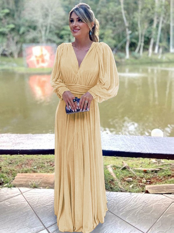 A-Line/Princess Chiffon Ruffles V-neck Long Sleeves Floor-Length Mother of the Bride Dress