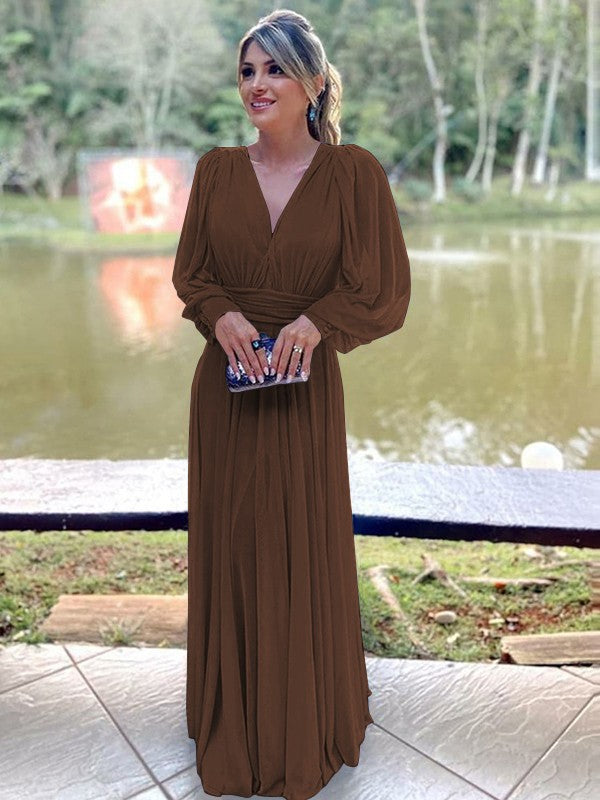 A-Line/Princess Chiffon Ruffles V-neck Long Sleeves Floor-Length Mother of the Bride Dress