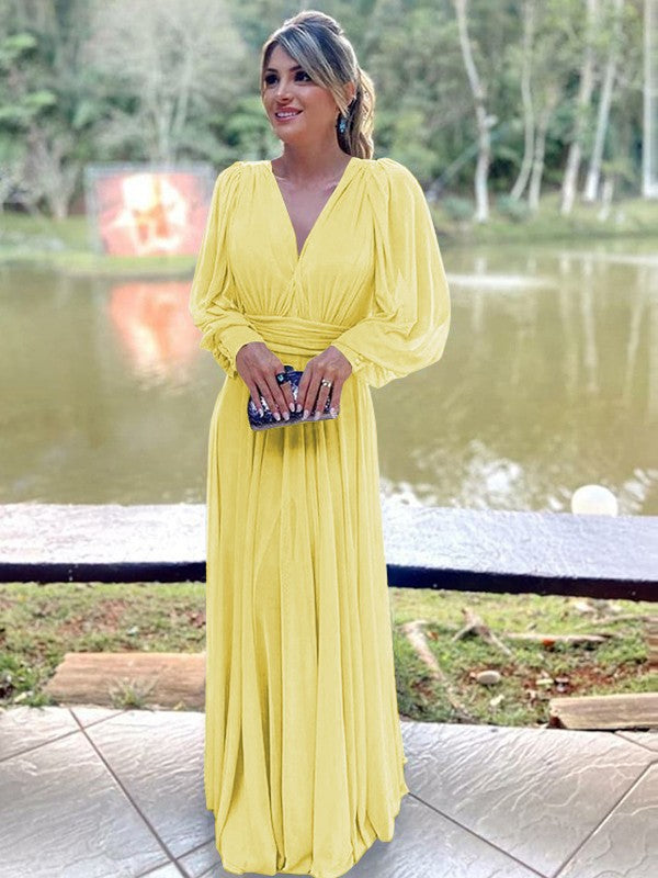 A-Line/Princess Chiffon Ruffles V-neck Long Sleeves Floor-Length Mother of the Bride Dress