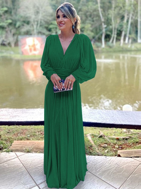 A-Line/Princess Chiffon Ruffles V-neck Long Sleeves Floor-Length Mother of the Bride Dress