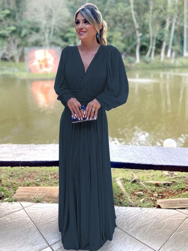 A-Line/Princess Chiffon Ruffles V-neck Long Sleeves Floor-Length Mother of the Bride Dress