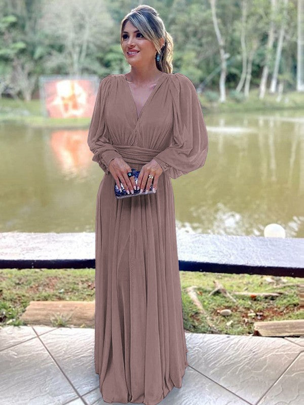 A-Line/Princess Chiffon Ruffles V-neck Long Sleeves Floor-Length Mother of the Bride Dress