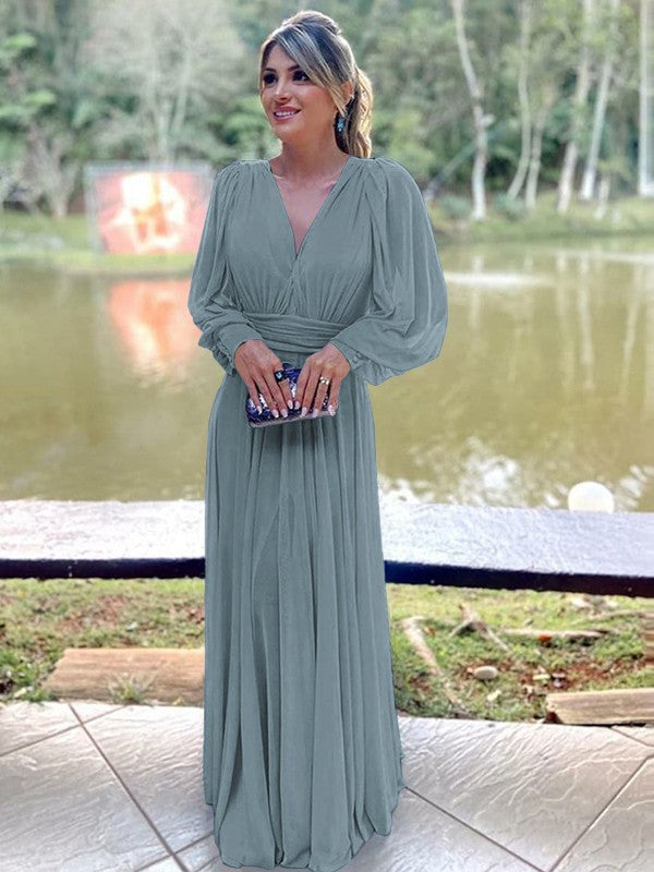 A-Line/Princess Chiffon Ruffles V-neck Long Sleeves Floor-Length Mother of the Bride Dress