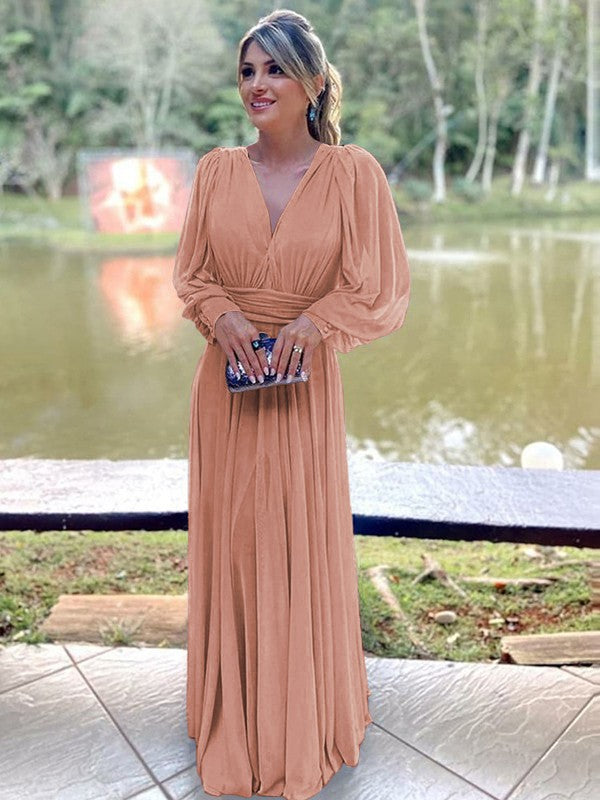 A-Line/Princess Chiffon Ruffles V-neck Long Sleeves Floor-Length Mother of the Bride Dress