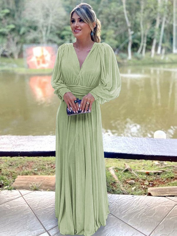 A-Line/Princess Chiffon Ruffles V-neck Long Sleeves Floor-Length Mother of the Bride Dress