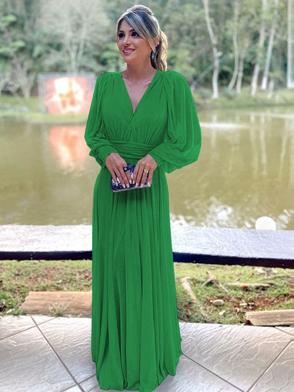 A-Line/Princess Chiffon Ruffles V-neck Long Sleeves Floor-Length Mother of the Bride Dress