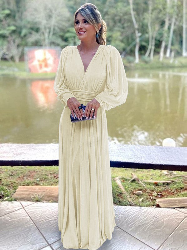 A-Line/Princess Chiffon Ruffles V-neck Long Sleeves Floor-Length Mother of the Bride Dress