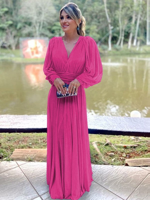 A-Line/Princess Chiffon Ruffles V-neck Long Sleeves Floor-Length Mother of the Bride Dress