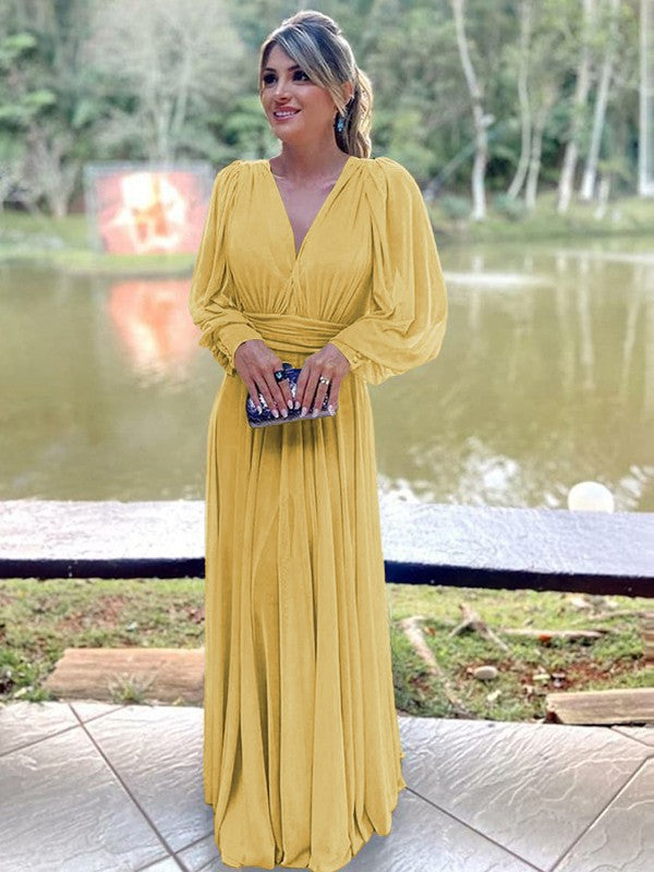 A-Line/Princess Chiffon Ruffles V-neck Long Sleeves Floor-Length Mother of the Bride Dress