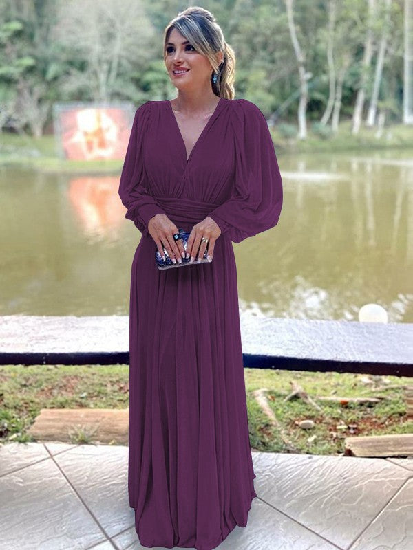 A-Line/Princess Chiffon Ruffles V-neck Long Sleeves Floor-Length Mother of the Bride Dress
